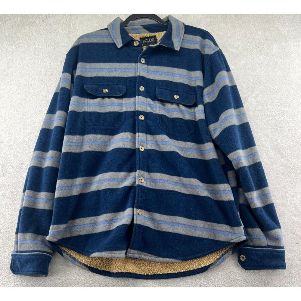 Valor Collective Shirt Jacket Mens Sz L Fleece Sherpa Lined Blue Striped